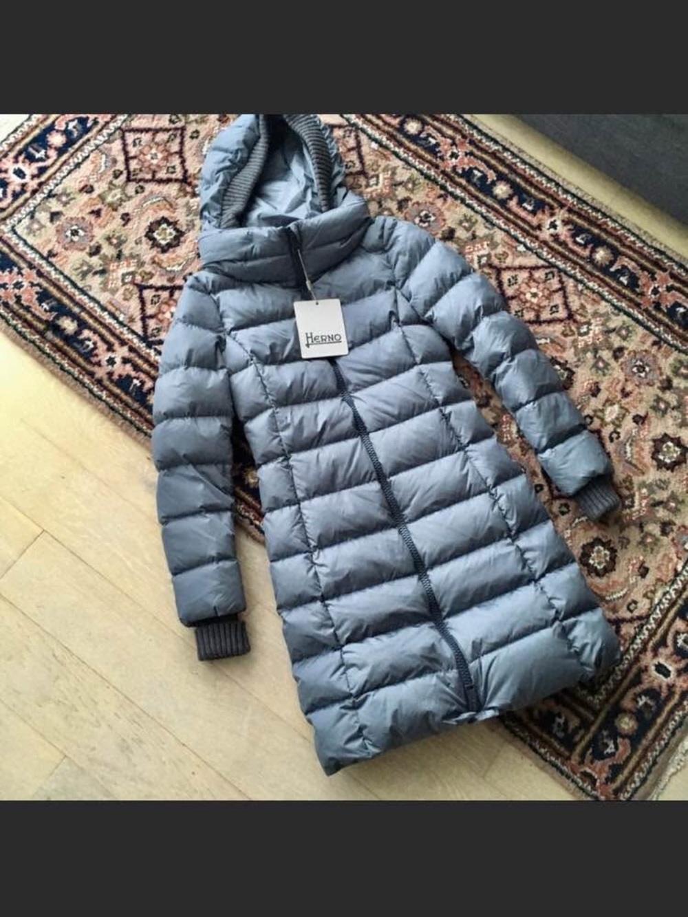 Herno Steel Blue Long Quilted Puffer Coat with Hood